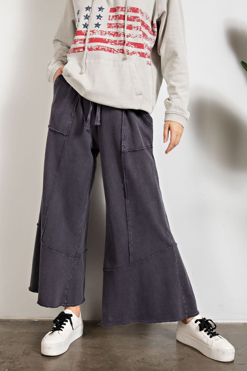 EASEL MINERAL WASHED TERRY KNIT WIDE LEG PANTS ASH