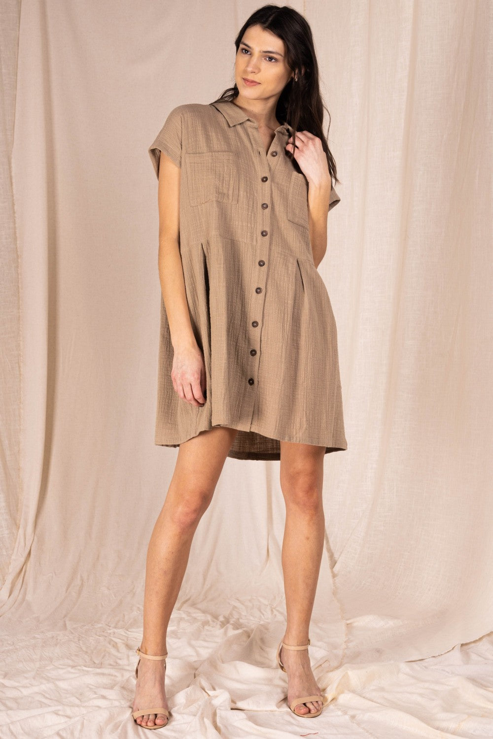 BEFORE YOU COLLECTION GAUZE BUTTON UP SHORT SLEEVE DRESS SAND