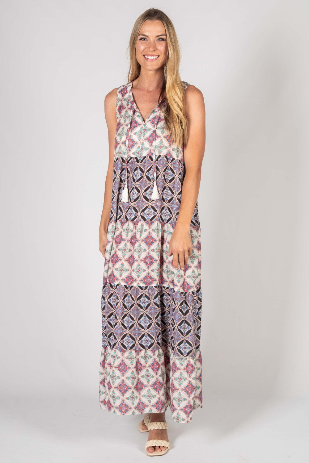 BEFORE YOU COLLECTION CONTRAST PRINT SLEEVELESS MAXI DRESS SAND