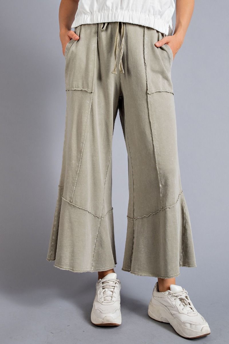 EASEL MINERAL WASHED TERRY KNIT WIDE LEG PANTS MUSHROOM
