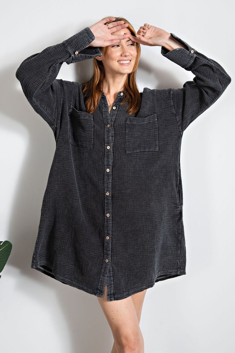 EASEL COTTON GAUZE MINERAL WASHED SHIRT DRESS
